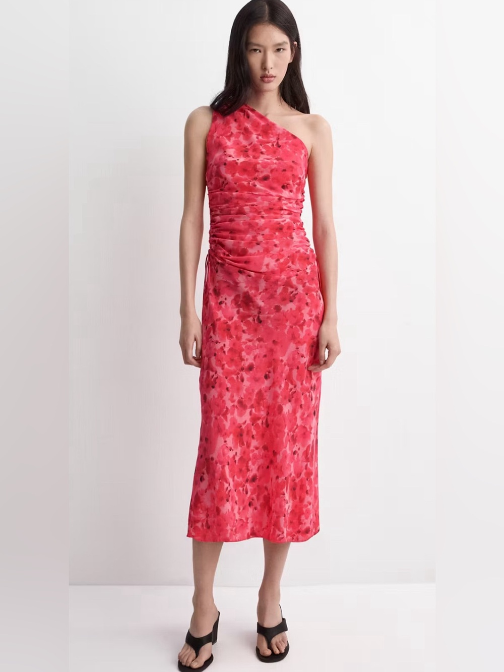 Mango One-Shoulder Pink-Red Floral Midi Dress